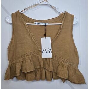 Zara NWT Sand Textured Ruffle Cropped Tank Top Lace Trim Boho Size S